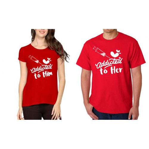 Addicted To Her Addicted To Him Couple Graphic Printed T-shirt