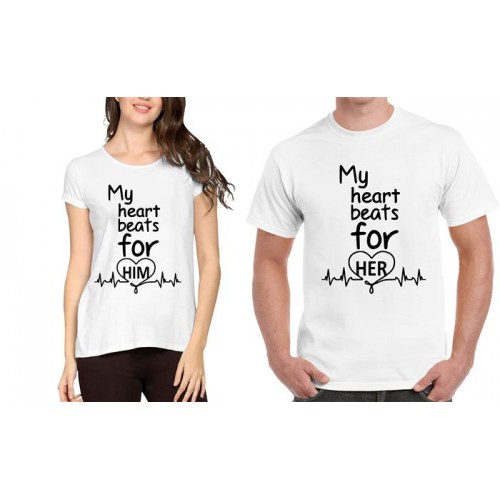 Heart Beats For Her Heart Beats For Him Couple Graphic Printed T-shirt