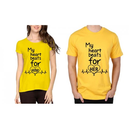 Heart Beats For Her Heart Beats For Him Couple Graphic Printed T-shirt
