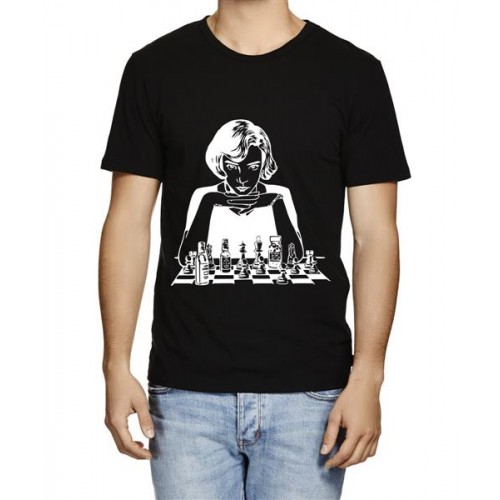 Men's Round Neck Cotton Half Sleeved T-Shirt With Printed Graphics - Queen Chess Game
