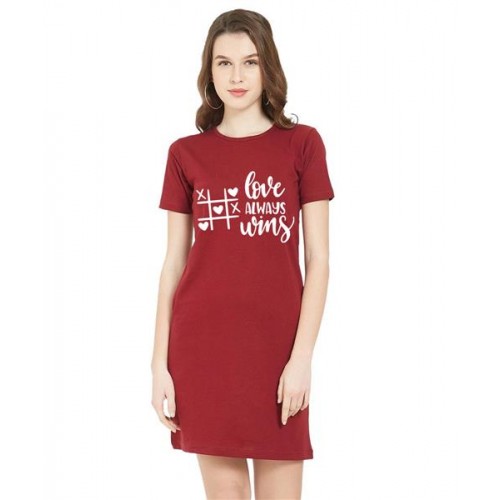 Women's Cotton Biowash Graphic Printed T-Shirt Dress with side pockets - Love Always Wins