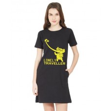 Women's Cotton Biowash Graphic Printed T-Shirt Dress with side pockets - Lonely Traveller
