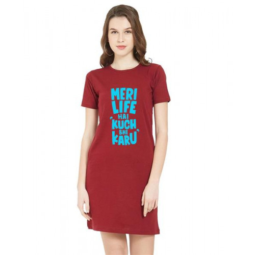 Women's Cotton Biowash Graphic Printed T-Shirt Dress with side pockets - Meri Life Hai