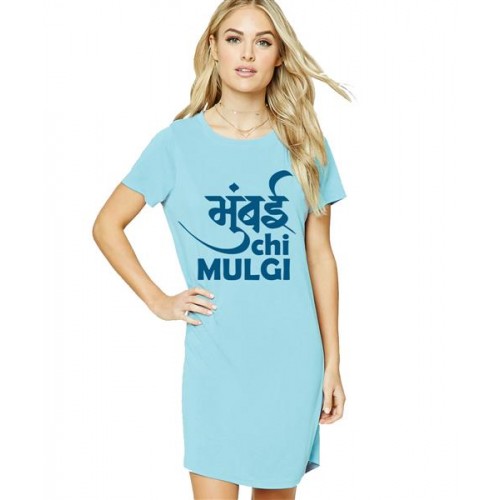 Women's Cotton Biowash Graphic Printed T-Shirt Dress with side pockets - Mumbai Chi Mulgi