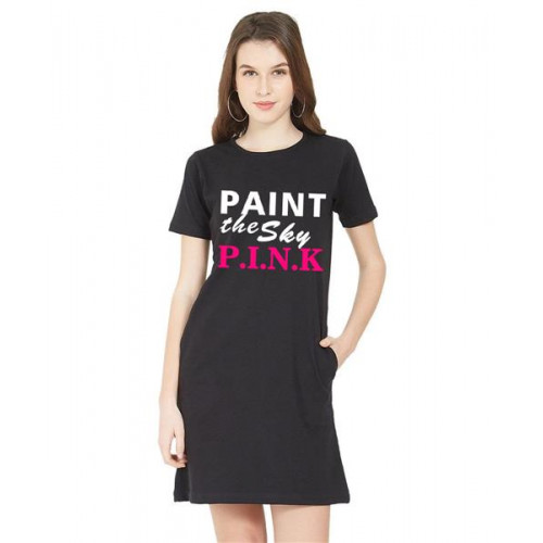 Women's Cotton Biowash Graphic Printed T-Shirt Dress with side pockets - Paint Sky Pink