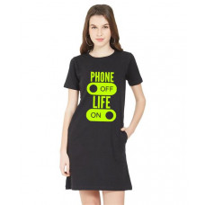 Women's Cotton Biowash Graphic Printed T-Shirt Dress with side pockets - Phone Off On