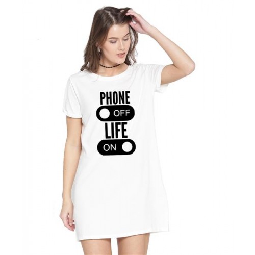Women's Cotton Biowash Graphic Printed T-Shirt Dress with side pockets - Phone Off On