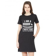 Women's Cotton Biowash Graphic Printed T-Shirt Dress with side pockets - Programmer Write Code