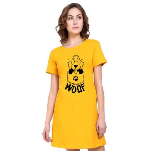 Women's Cotton Biowash Graphic Printed T-Shirt Dress with side pockets - Woof Dog
