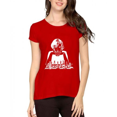 Women's Cotton Biowash Graphic Printed Half Sleeve T-Shirt - Queen Chess Game