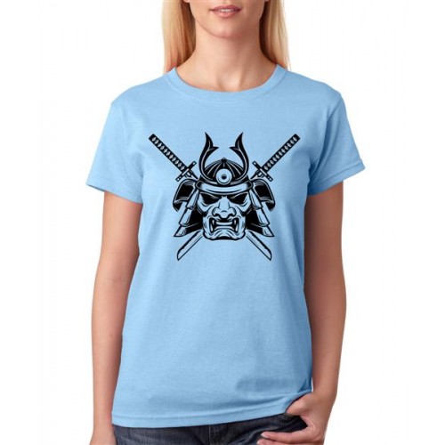 Women's Cotton Biowash Graphic Printed Half Sleeve T-Shirt - Samurai Mask Crossed Swords