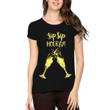 Women's Cotton Biowash Graphic Printed Half Sleeve T-Shirt - Sip Sip Hooray