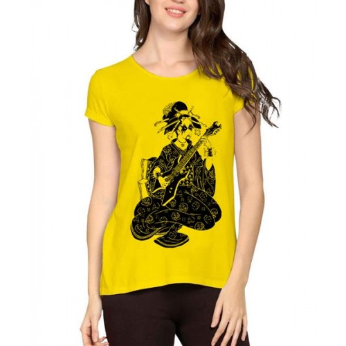 Women's Cotton Biowash Graphic Printed Half Sleeve T-Shirt - Sitar Charm