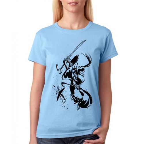 Women's Cotton Biowash Graphic Printed Half Sleeve T-Shirt - Sketch Art Samurai