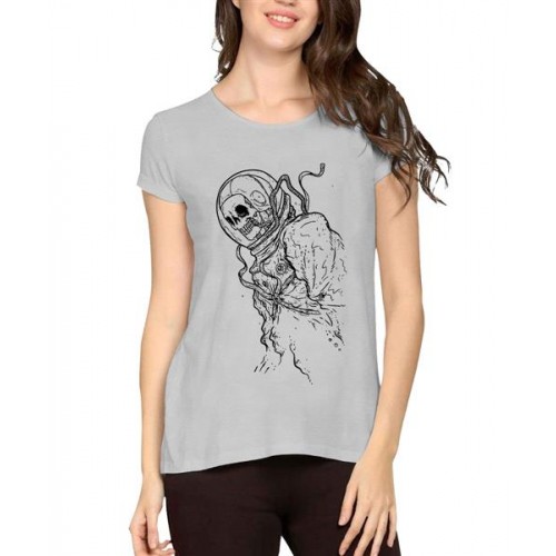Women's Cotton Biowash Graphic Printed Half Sleeve T-Shirt - Skull Astronaut Space