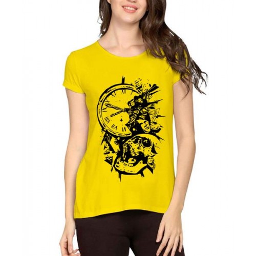 Women's Cotton Biowash Graphic Printed Half Sleeve T-Shirt - Skull Pocket Watch