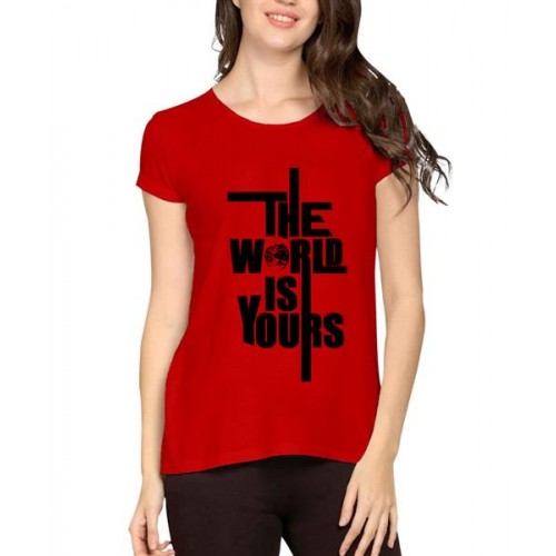 Women's Cotton Biowash Graphic Printed Half Sleeve T-Shirt - The World Is Yours