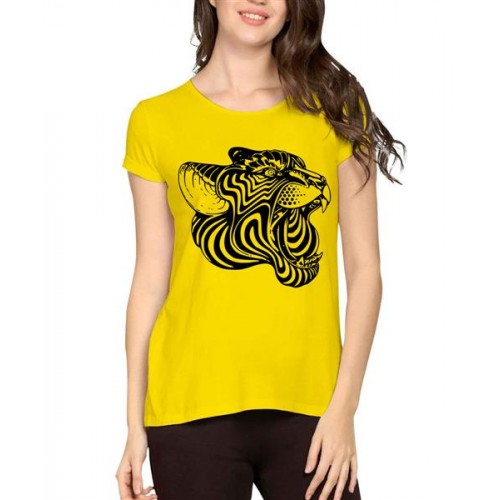 Women's Cotton Biowash Graphic Printed Half Sleeve T-Shirt - Tiger Face