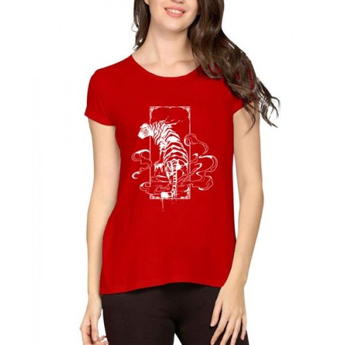 Women's Cotton Biowash Graphic Printed Half Sleeve T-Shirt - Tiger Spirit