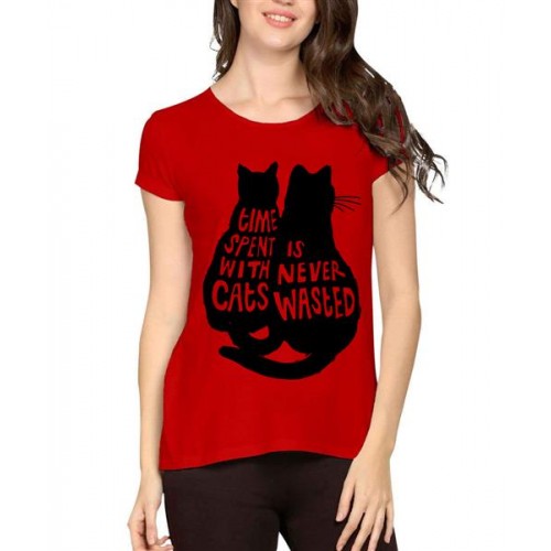 Women's Cotton Biowash Graphic Printed Half Sleeve T-Shirt - Time Never Wasted Cats