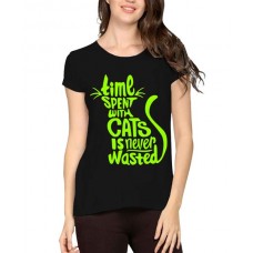 Women's Cotton Biowash Graphic Printed Half Sleeve T-Shirt - Time Never Wasted Cats Wasted