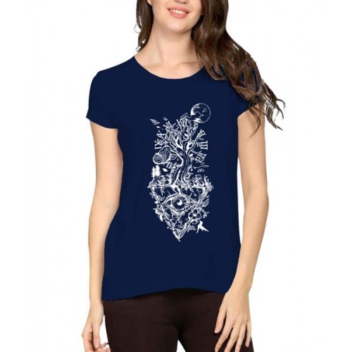 Women's Cotton Biowash Graphic Printed Half Sleeve T-Shirt - Tree Eye Moon