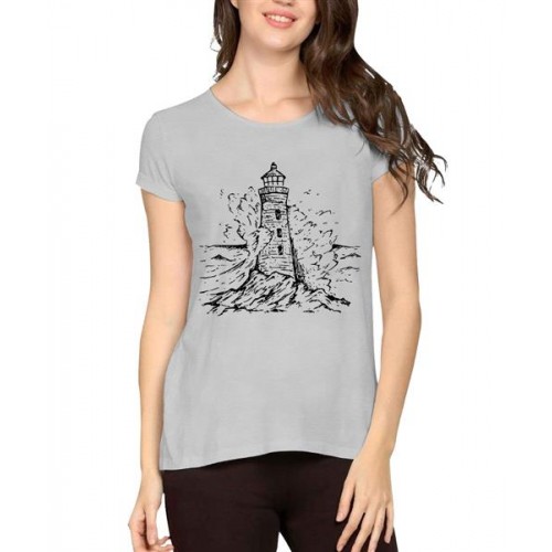 Women's Cotton Biowash Graphic Printed Half Sleeve T-Shirt - Water Wave Lighthouse